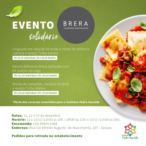 Brera Bristrô, em parceria com o Instituto Padre Haroldo, traz pratos contemporâneos em evento solidário